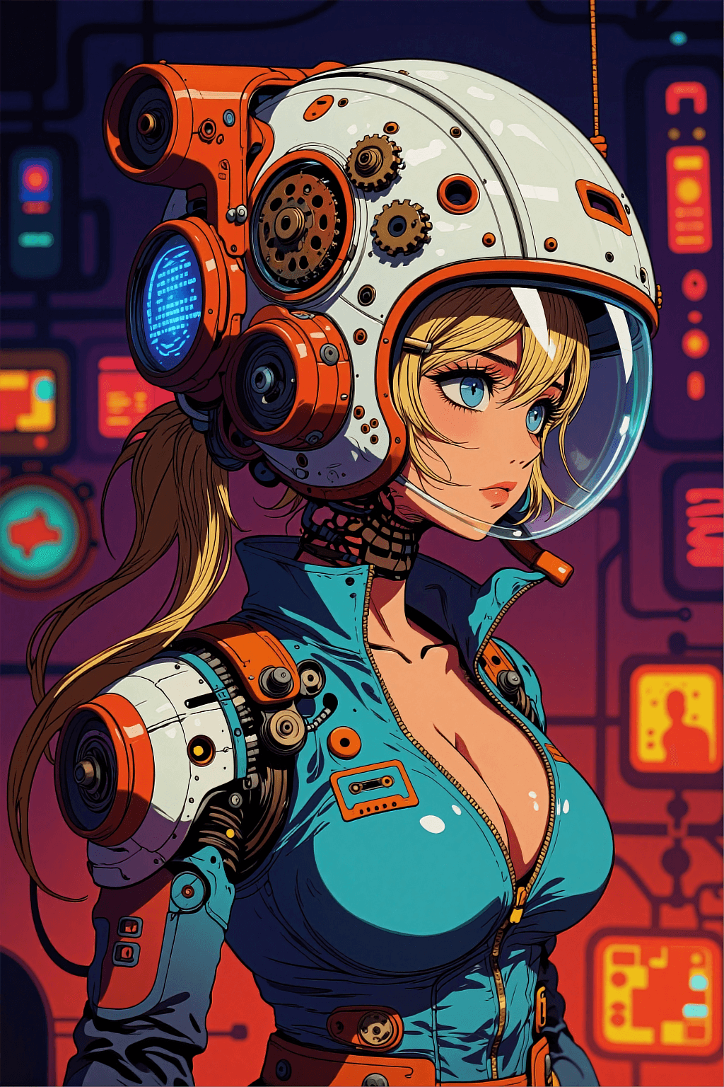 AI generated: A vertical, hyper-detailed anime illustration of a sci-fi pilot girl in high-angle profile view. She...