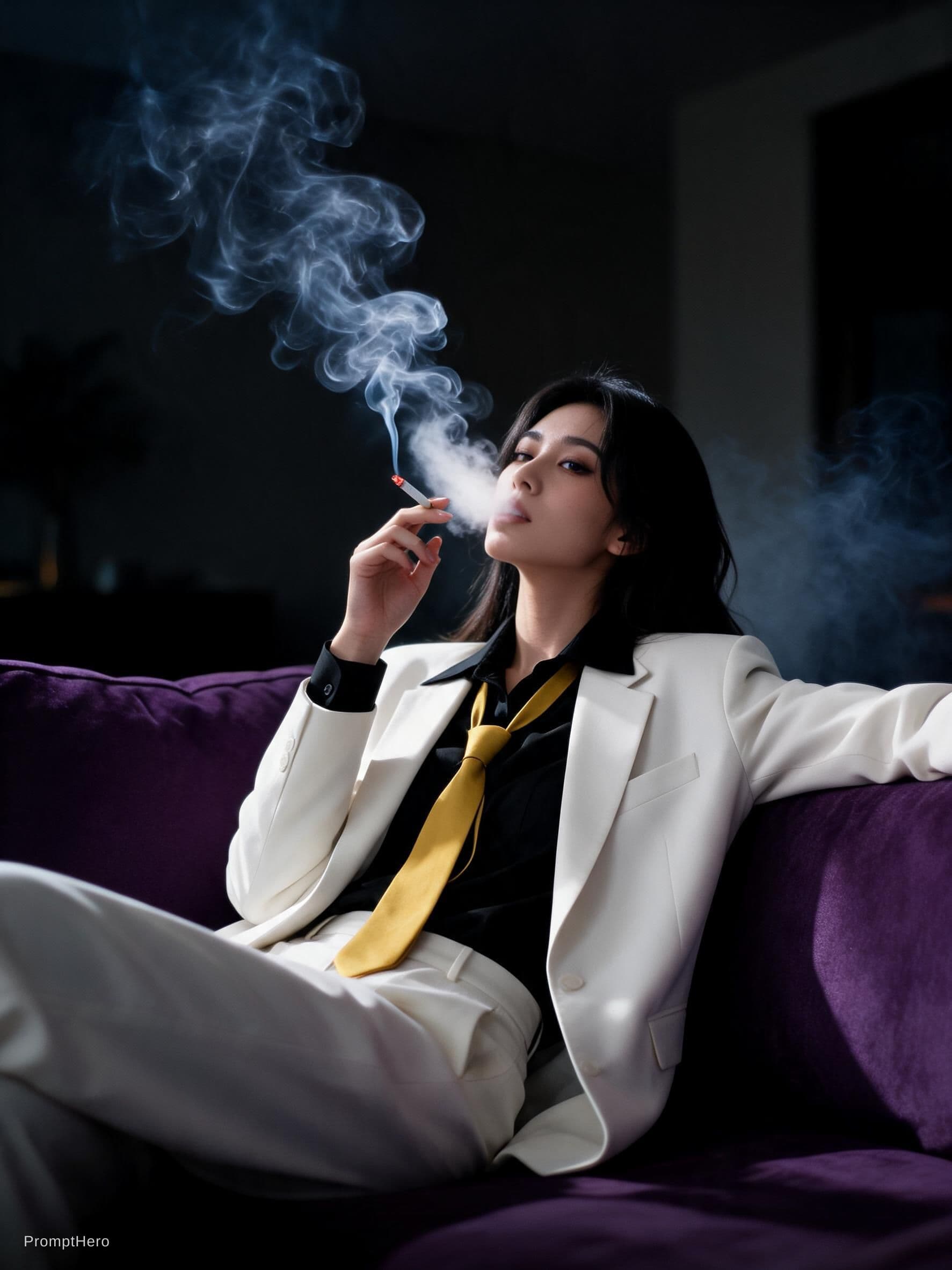 AI generated: snapshot, dimly lit room with a hazy atmosphere, capturing a female model lounging on a deep purple ...