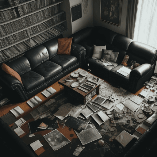 AI generated: Top-down view with a wide-angle perspective of a large, dark room. A man is lying face down on a sof...