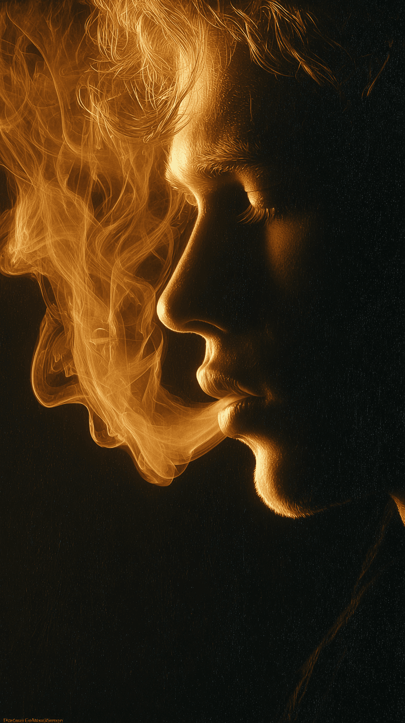 AI generated: photorealistic, close-up of a male model with pale orange smoke curling from his lips against a soli...