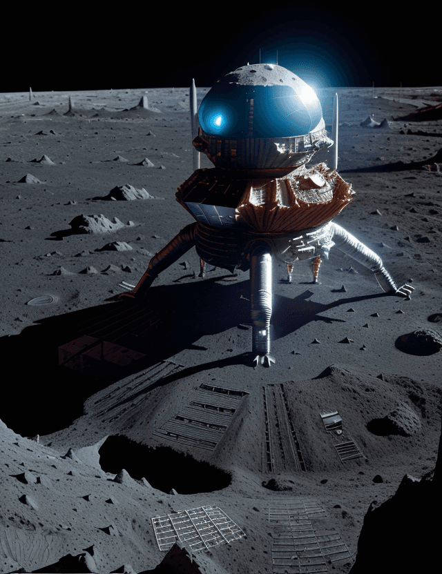 AI generated: partially buried alien spaceship, excavation site on the Moon, astronauts, lunar vehicles, lunar sur...