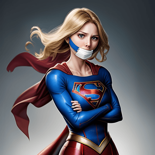 AI generated: supergirl with her arms behind her back wearing a cloth gag over her mouth she looks scared