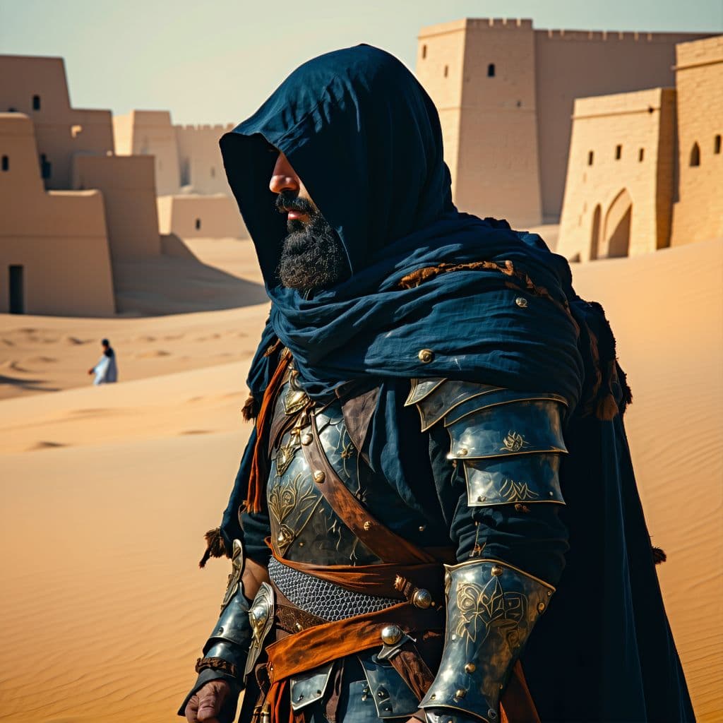 AI generated: middle eastern man, hooded, looking over shoulder, modern clothes, warlord, beard