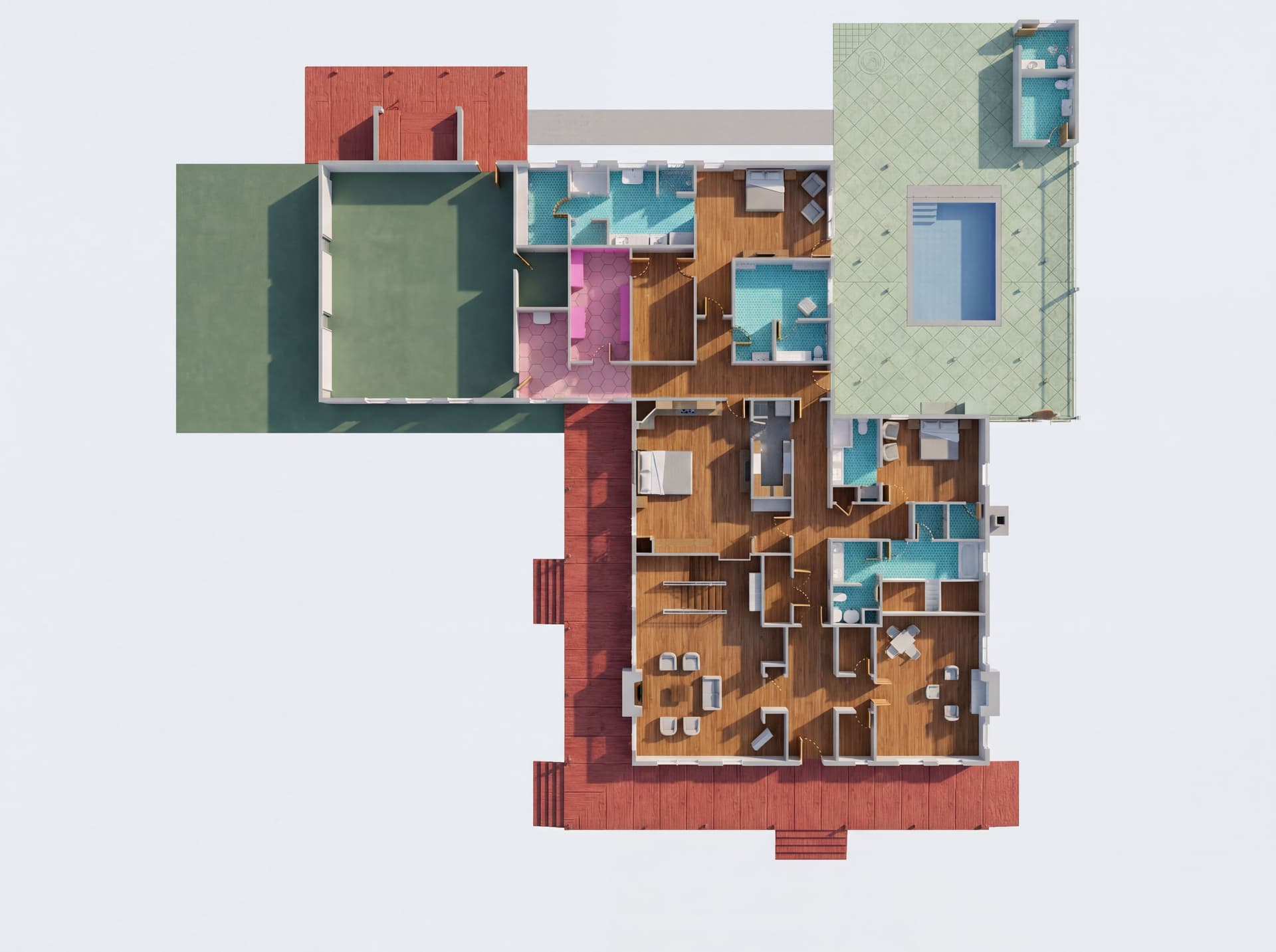 AI generated: Can you create a 3D floor plan of this plan please.
Red regions to have stamped concrete with a wood...