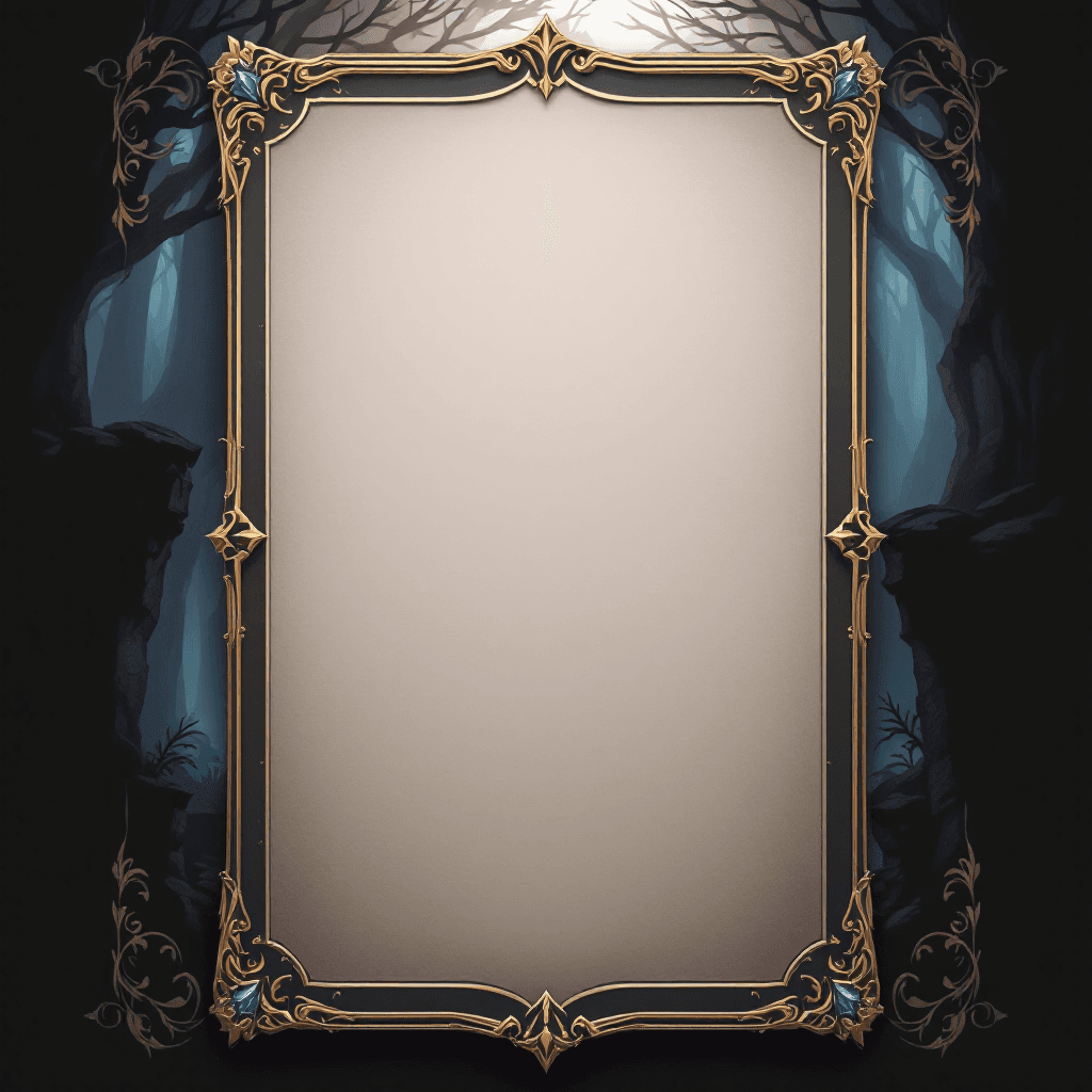 AI generated: "Create a concept art for a single, blank character card template for the board game 'Mystic Quest'....