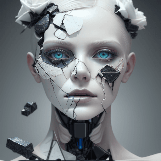 AI generated: Death of a beautiful humanoid female,  close up of a broken android, digital art, cracked porcelain ...