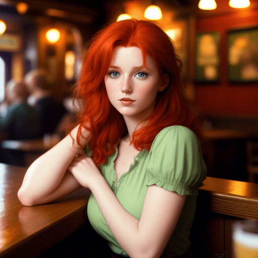 AI generated: beautiful redhead irish woman in a pub, velvia, shot on 65mm, 16 megapixels, 8k, photorealistic, --q...