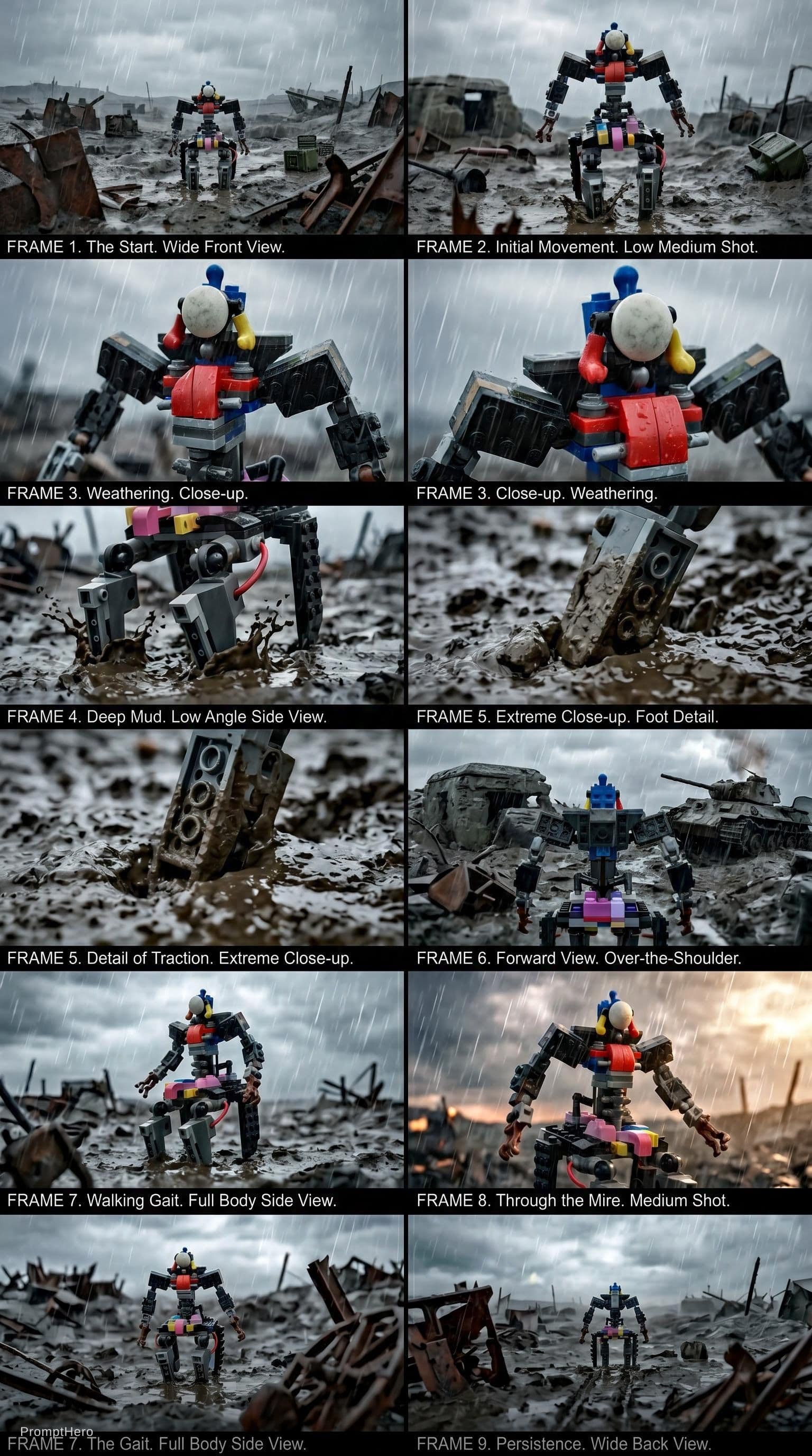 AI generated: 3x3 grid cinematic storyboard of the same uploaded brick-figure walking through muddy battlefield af...