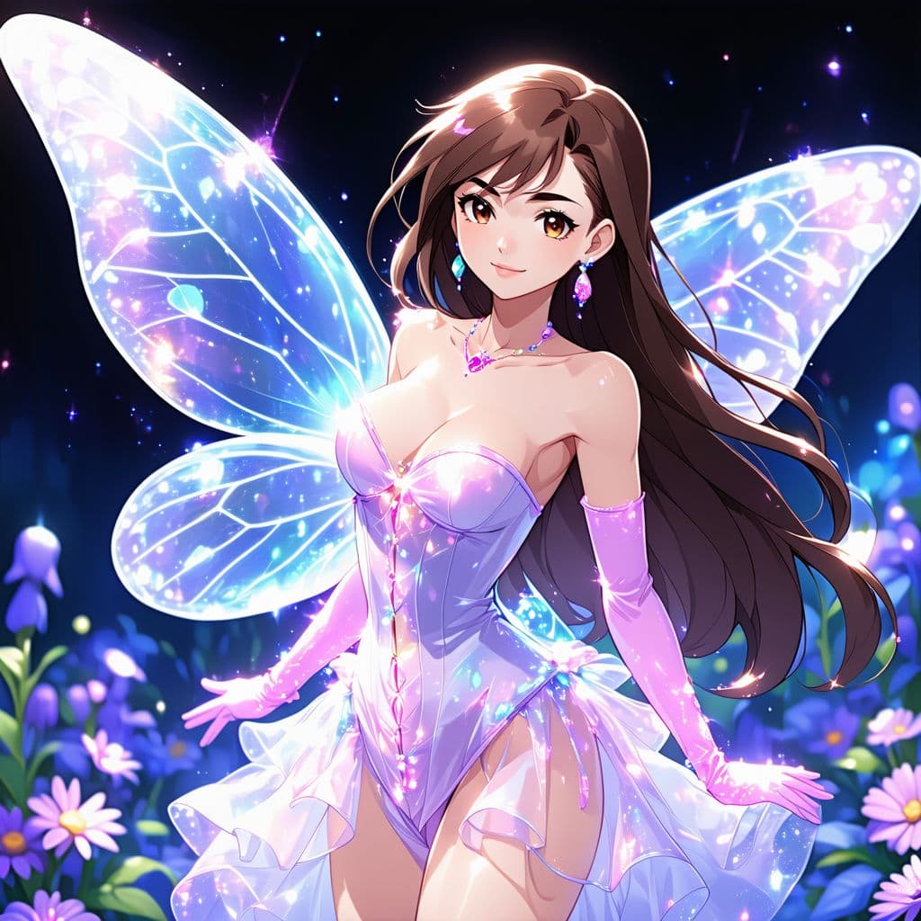 AI generated: meyoco anime digital art style Flora from winx, transformation, fairy wings translucent , mini dress...
