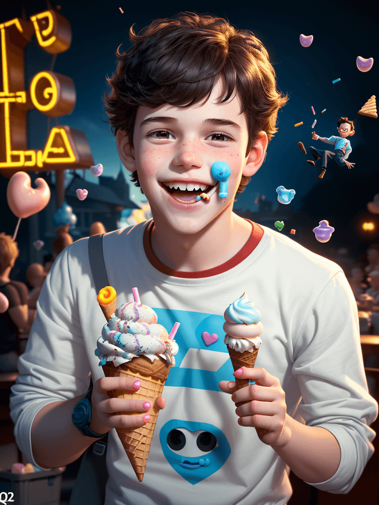 AI generated: Boy, adorable, smiling boy eating ice cream, candies flying all around her, Pixar, disnet, cinema li...