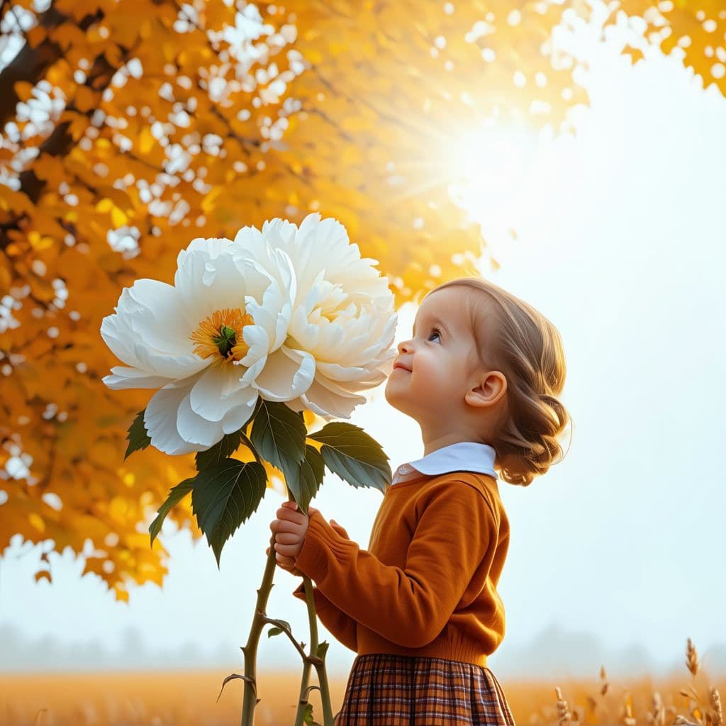 AI generated: A girl holding a huge flower, micro art, girl standing in the autumn field basking in the sun, autum...