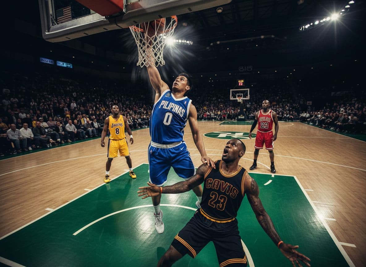 AI generated: A hyper-realistic, cinematic full-shot, left high-angle of a basketball game. A Filipino player [ Hi...