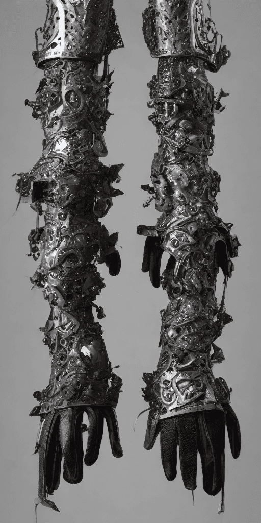 AI generated: a black and white photo of a pair of gloves, intricate renaissance armor, made up of many bits of me...