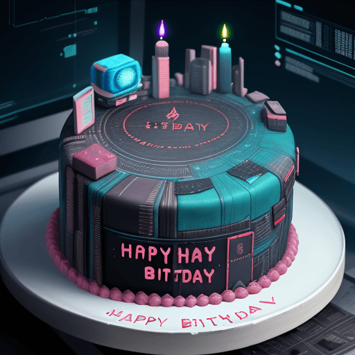 AI generated: Birthday Cake related to Data Science but its Cyberpunk dystopia related to Traveler
