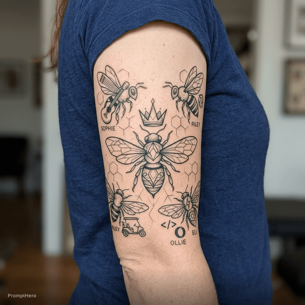 AI generated: geometric bee design with a queen bee representing me - mum of 4 kids ... and than four seperate lit...