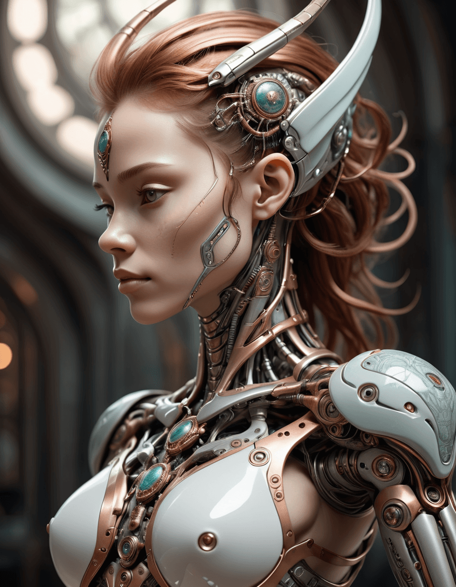 AI generated: profile angle, upper body, female alien cyborg art and illustration inspired by theo el, in the styl...