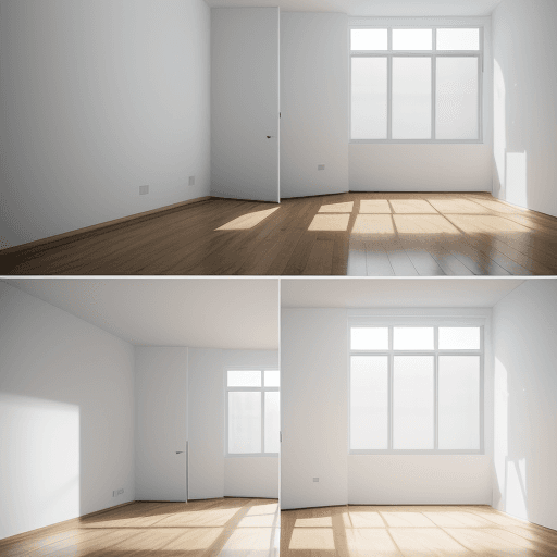 AI generated: Before-after of a room, empty bright room on a side and decorated room on the other side, minimalist...