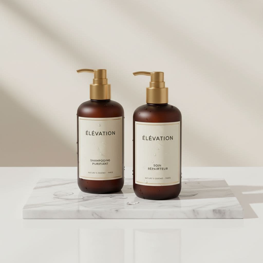 AI generated: High-end studio photograph of premium hair care products, shampoo and conditioner bottles, placed on...