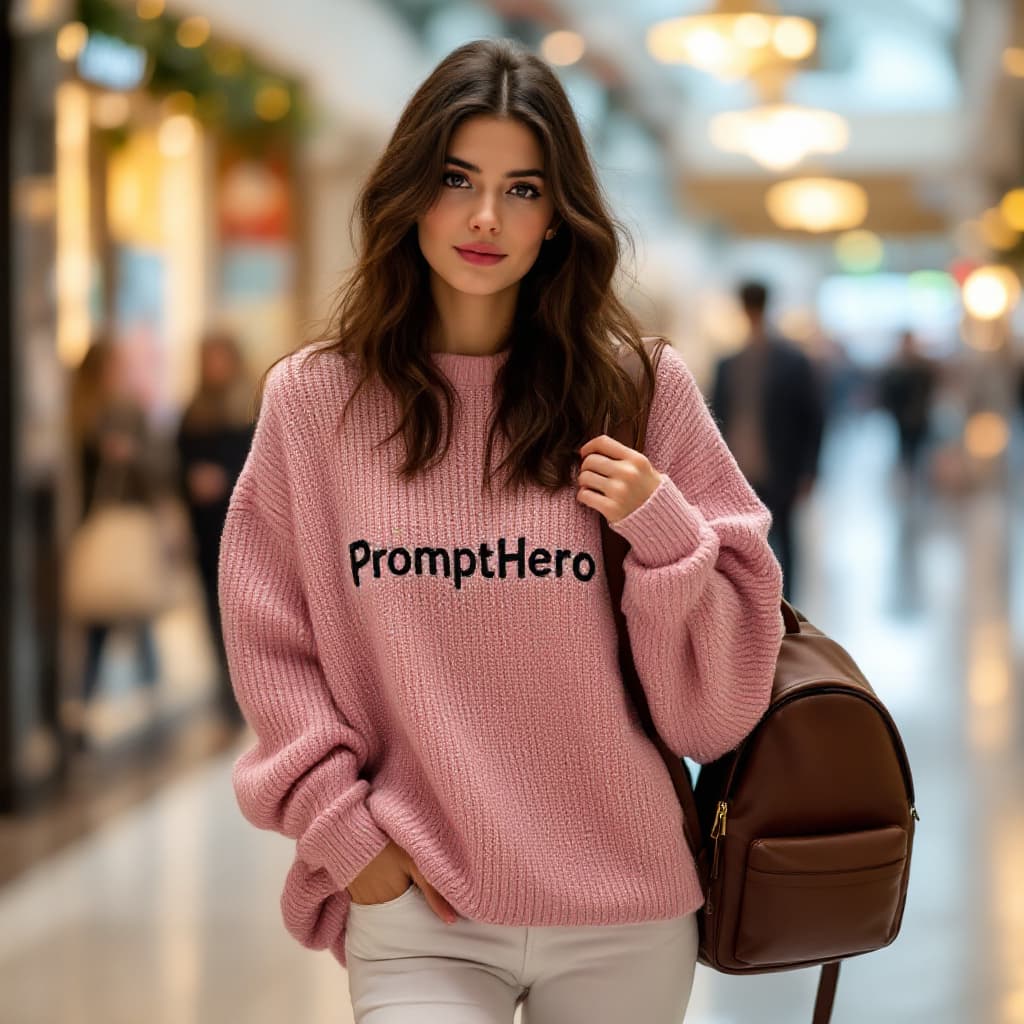 AI generated: A woman with wavy dark brown hair, wearing an oversized pink blue knitted sweater that leaves her sh...