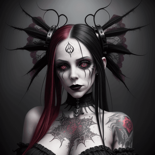 AI generated: An intricately adorned Gothic Trixie, embodying a fusion of cybergoth, midwest gothic, nu-goth, and ...
