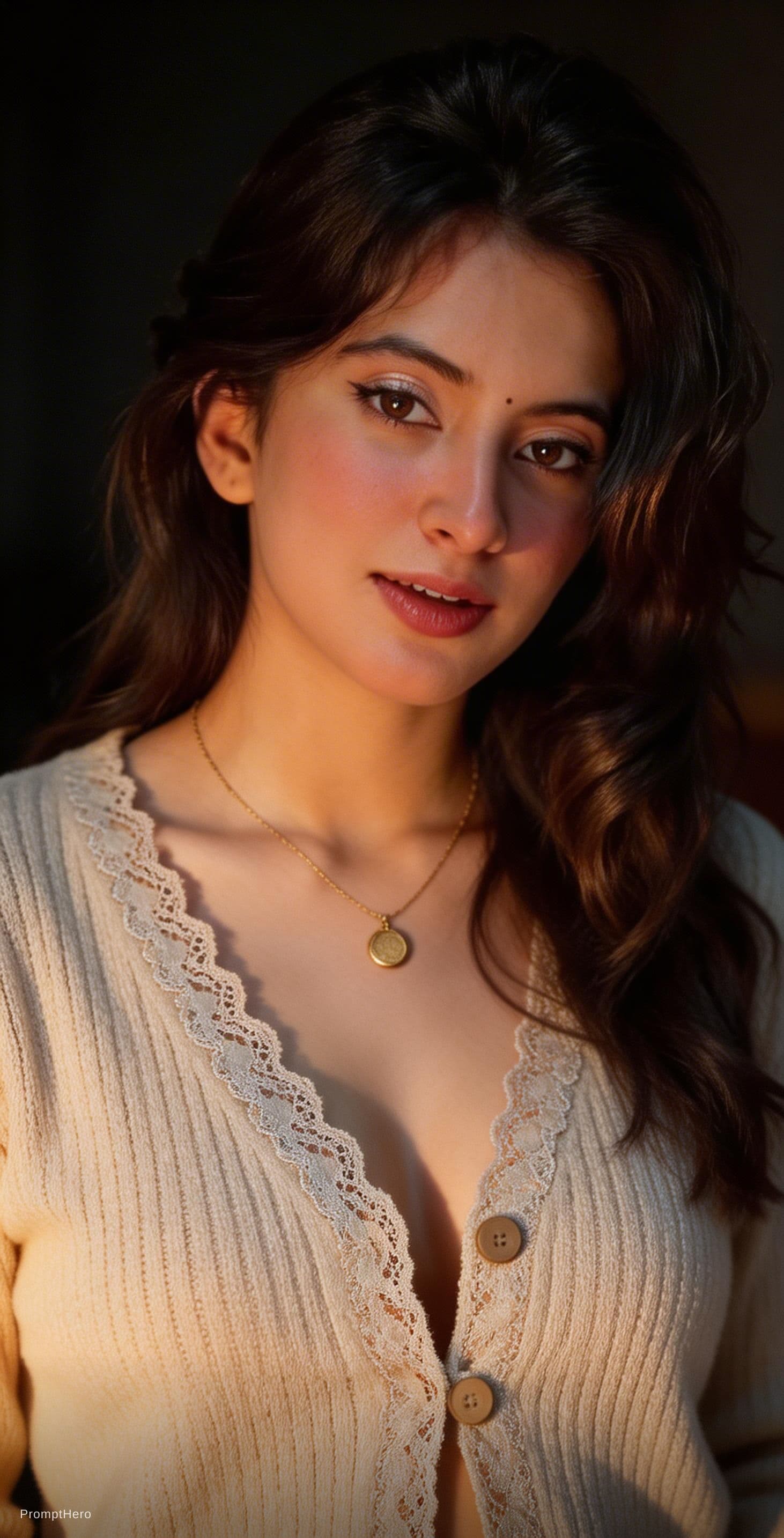 AI generated: A photorealistic close-up portrait of an adult woman in a dimly lit, moody studio setting, captured ...