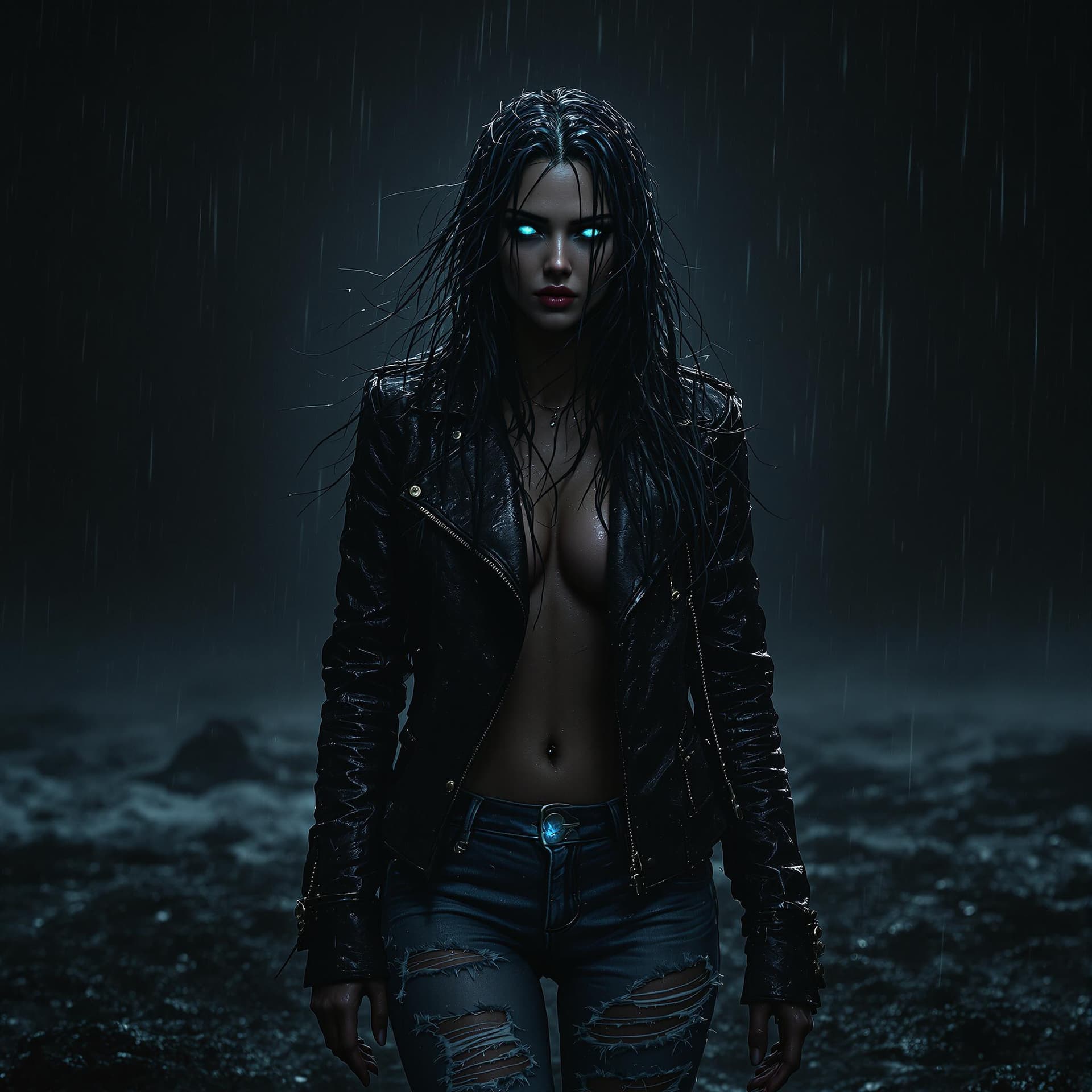 AI generated:  A lone woman, clad in a worn, water-logged leather jacket and torn jeans, stands resolute, her long...