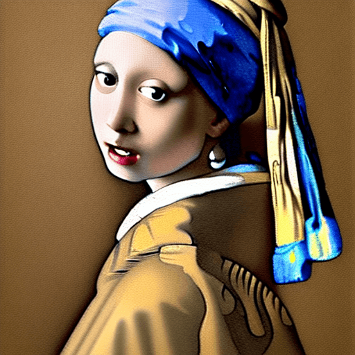 AI generated: girl with pearl earring painting by Vermeer, in the style of appropriation artist, strong facial exp...