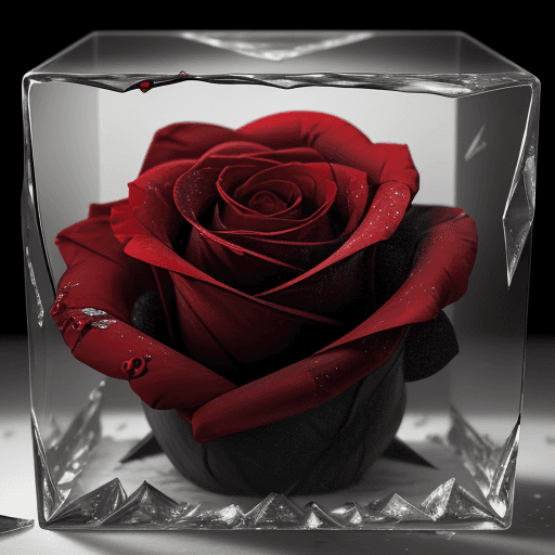 AI generated: close-up photo of a beautiful red rose breaking through a cube made of ice , splintered cracked ice ...