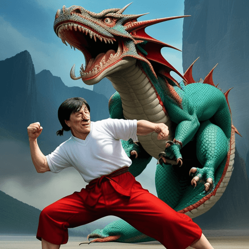 AI generated: jackie chan fighting with a dragon