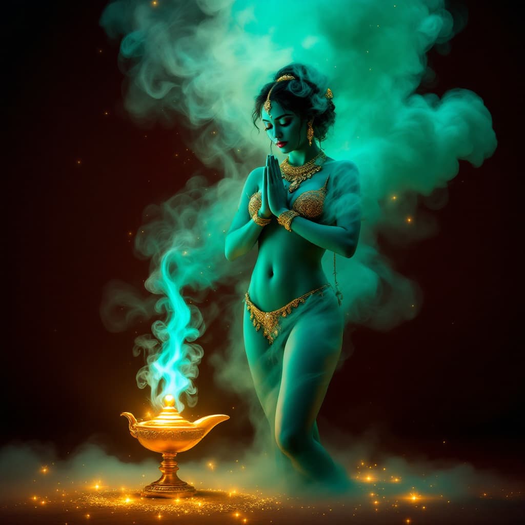 AI generated: An Indian woman with turquoise skin and wedding hairstyle stands directly in front of the camera.  S...