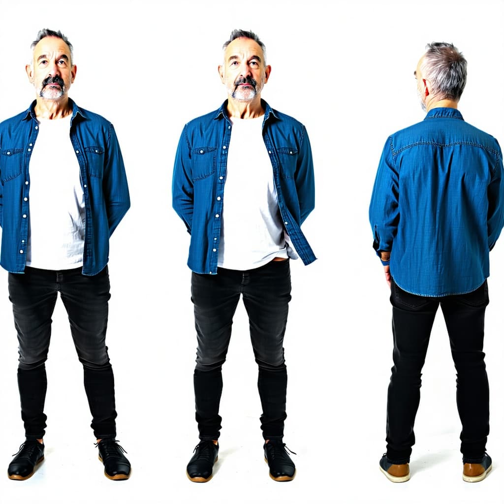 AI generated: a middle age man. dressed in black jeans, white t-shirt under a blue shirt with long sleeves, partia...