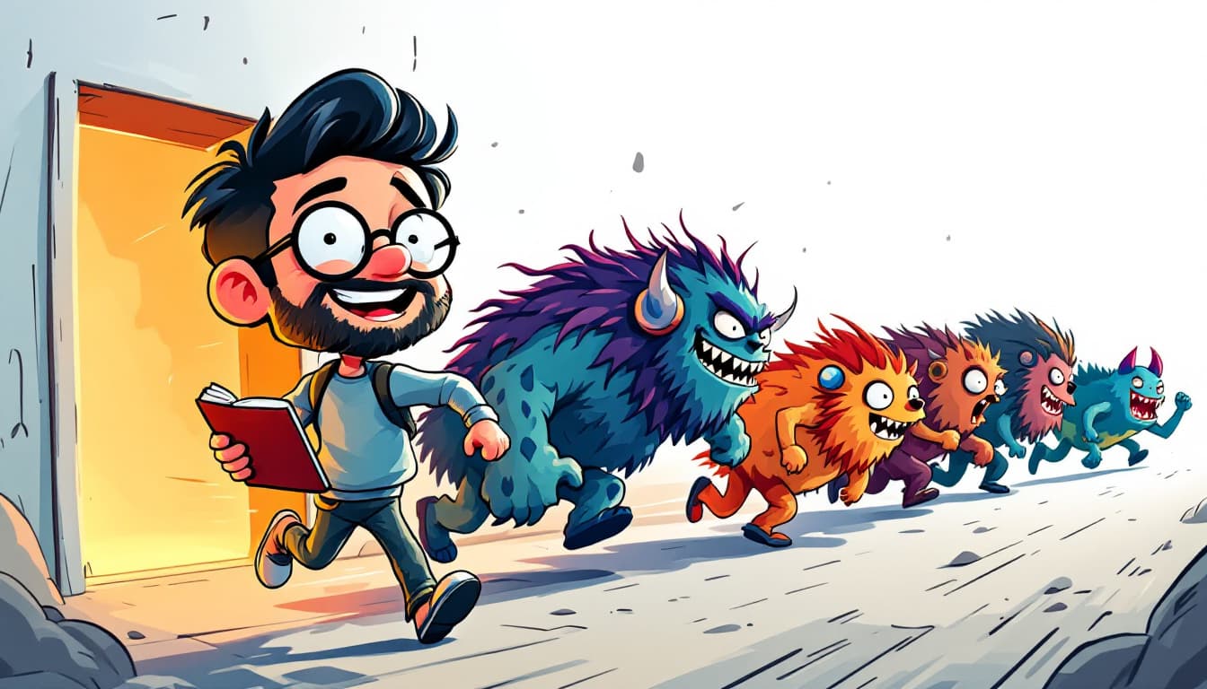 AI generated: "A cartoon-style boy running and looking back, with a humorous expression, laughing with a face of s...