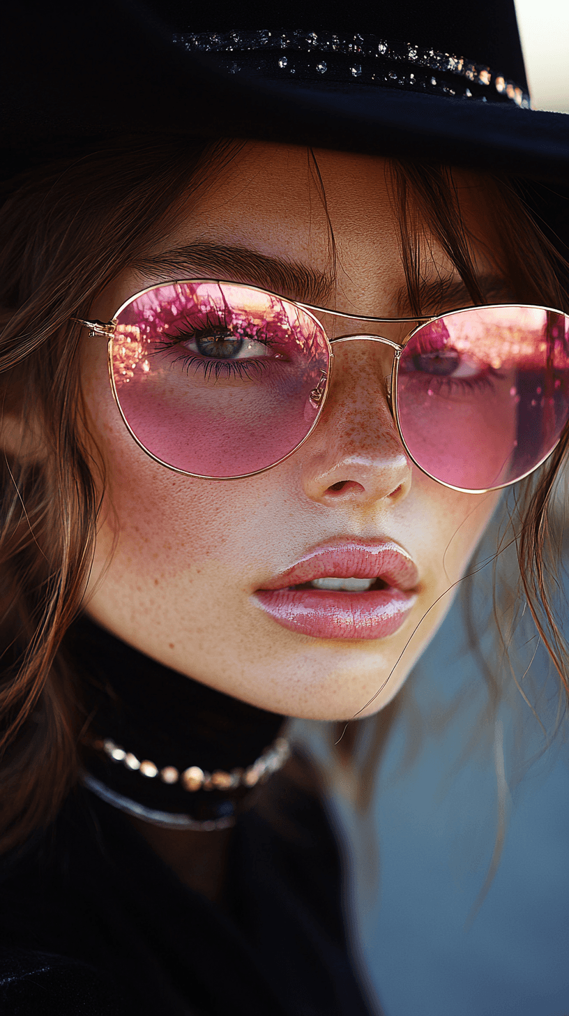 AI generated: Close-up portrait of a young woman wearing large aviator sunglasses with pink tinted lenses and a bl...
