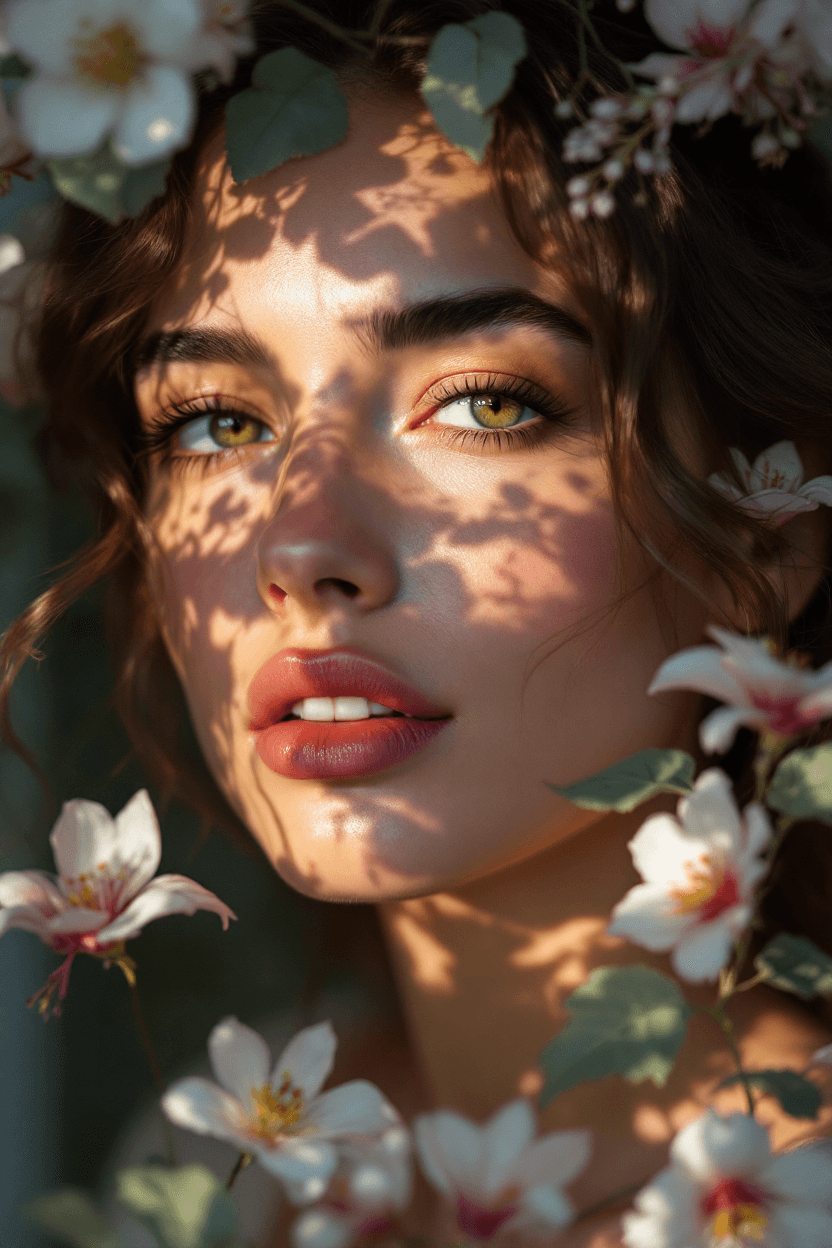 AI generated: In a hyperrealistic style, a European woman’s portrait showcases stunning details, floral shadows gr...
