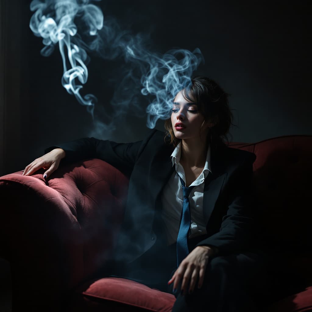 AI generated: photography, dimly lit room with a hazy atmosphere, capturing a female figure lounging on a deep cri...