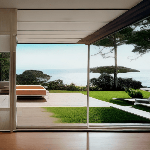 AI generated: Hyper realistic eye level exterior photo of a mid century modern style house overlooking the ocean, ...