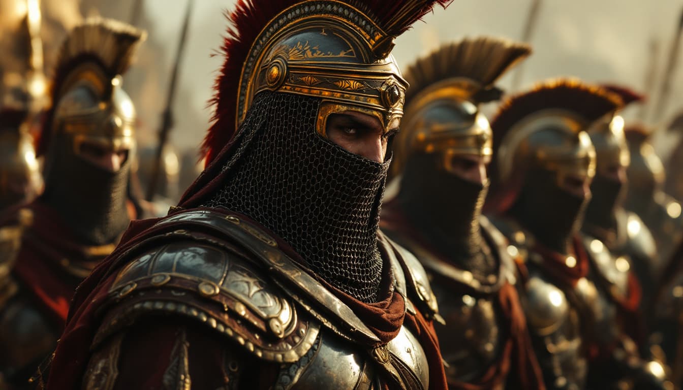 AI generated: Ultra-realistic .Wide shot of the [Fallen warriors in Achaemenid Persian gear and helmets with chain...