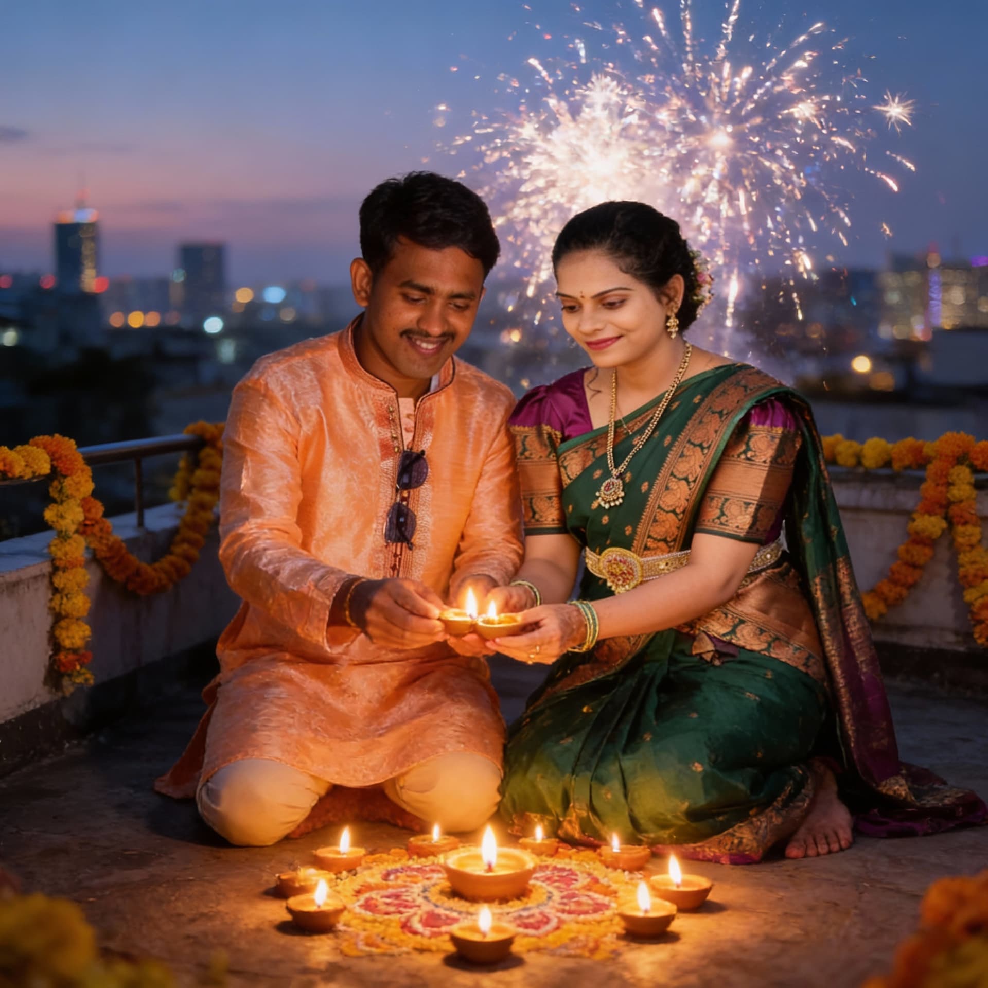 AI generated: A photorealistic 4K portrait of a young Indian couple celebrating Diwali on a rooftop at dusk, exact...