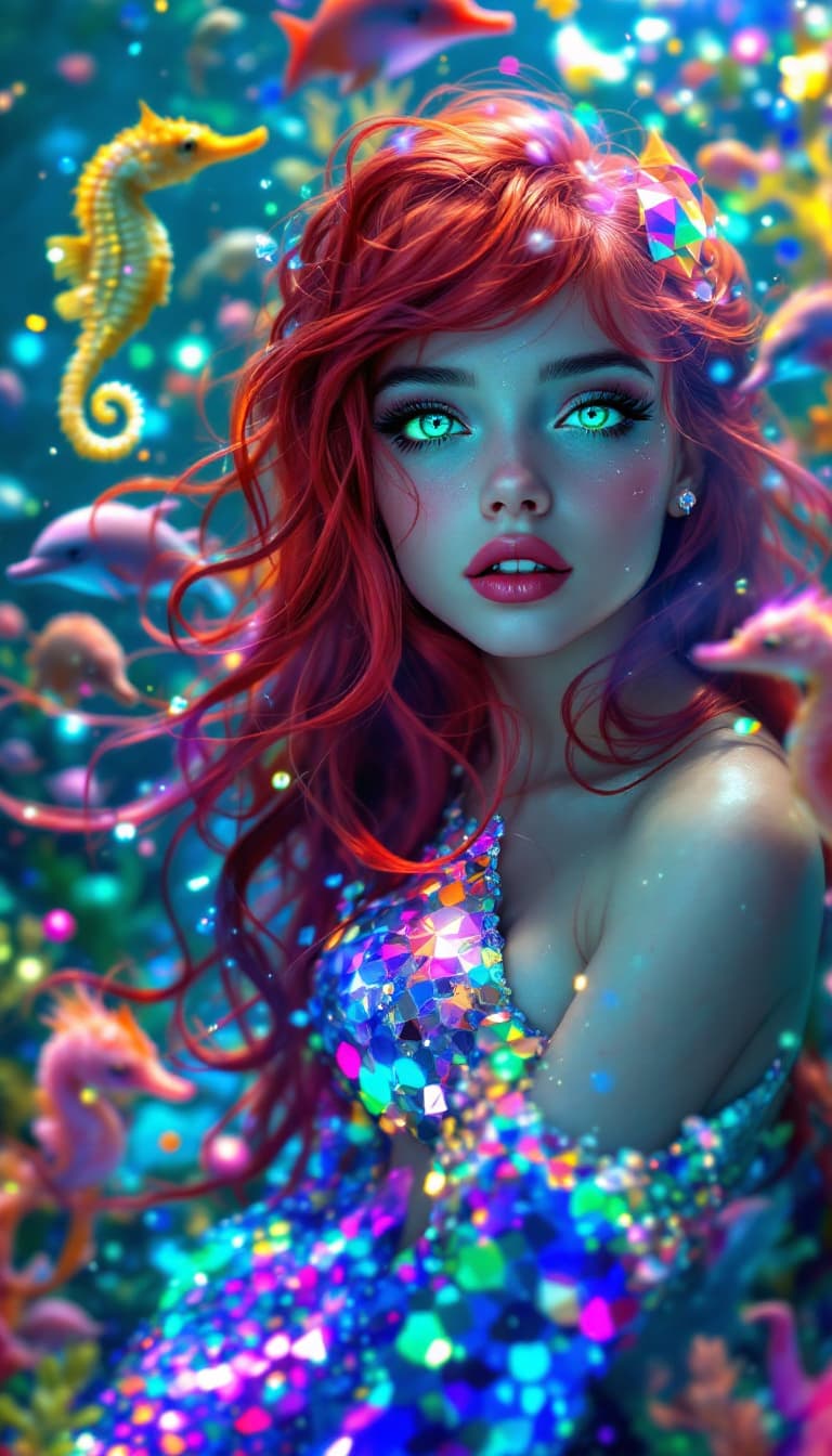 AI generated: Beautiful hyper-realistic image of a mermaid with psychedelic green eyes 8k, with long bright red ha...