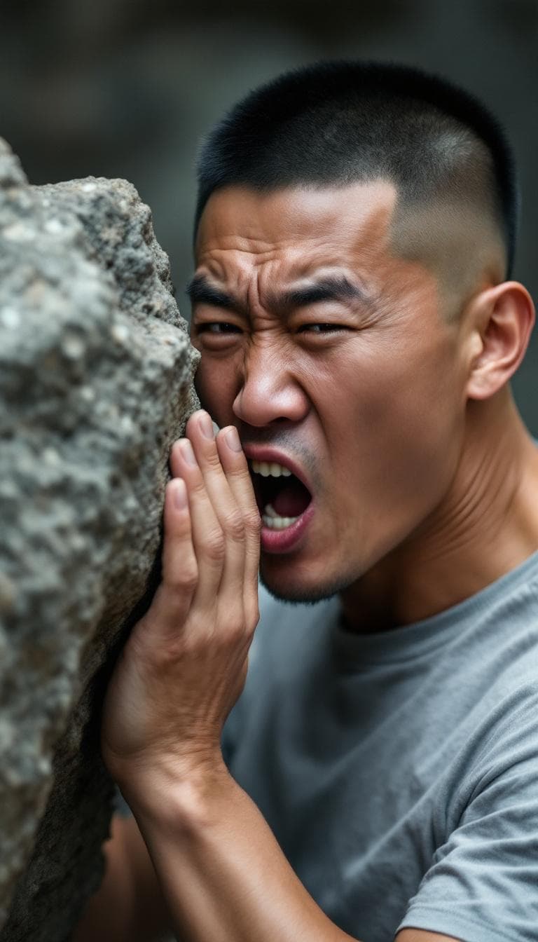 AI generated: A Chinese man with a crew cut fiercely bites a large rock, gripping it with one hand. His simple gra...