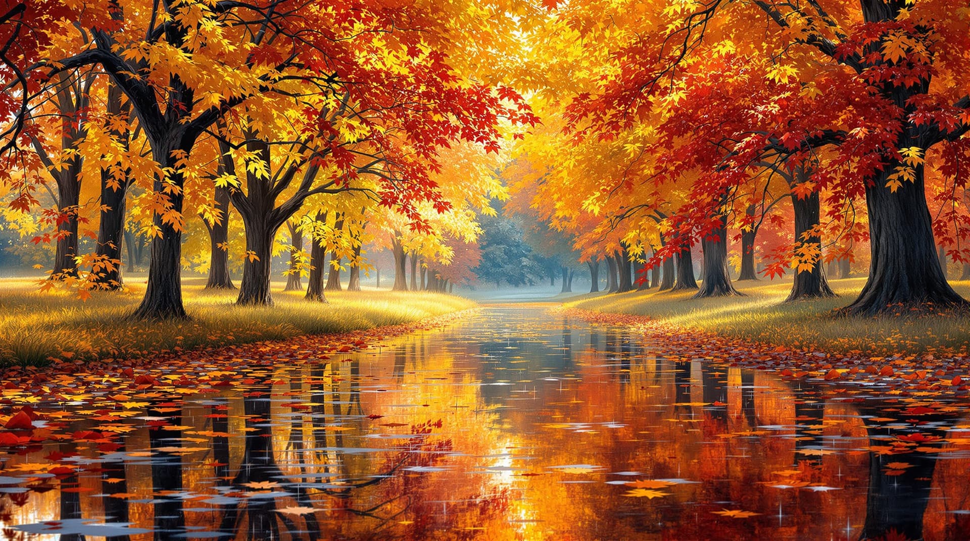 AI generated:  In a picturesque macro close up scene terry redlin style, autumn trees stand tall, their branches h...