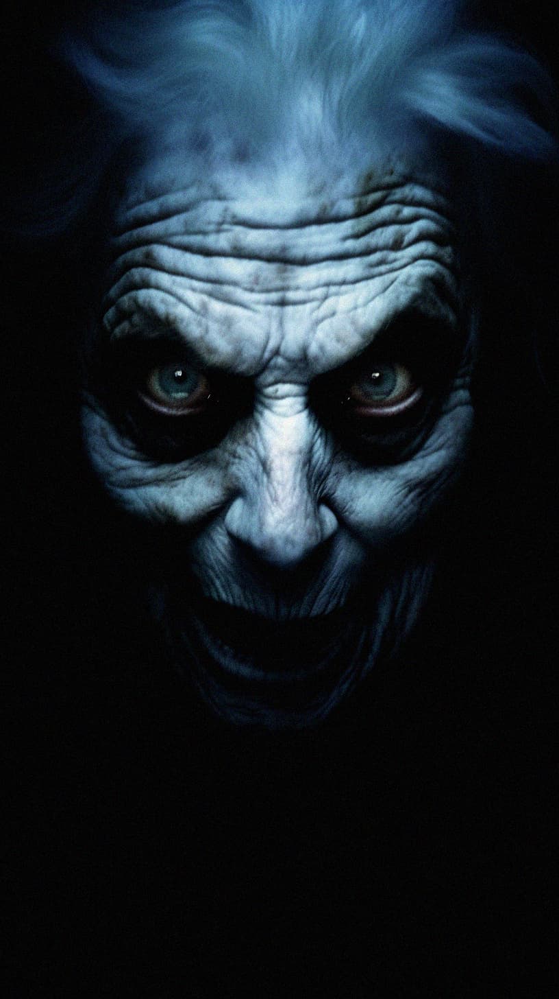 AI generated: Menacing creepy old lady ghost, black background, white pupil eyes, blue-grey lighting on the face, ...
