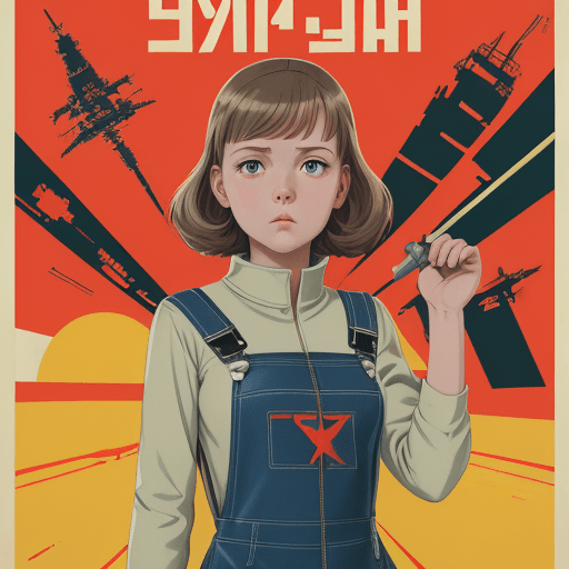 AI generated: young girl in a sci-fi suit (tight overalls), style Soviet poster, USSR poster, hammer and sickle in...