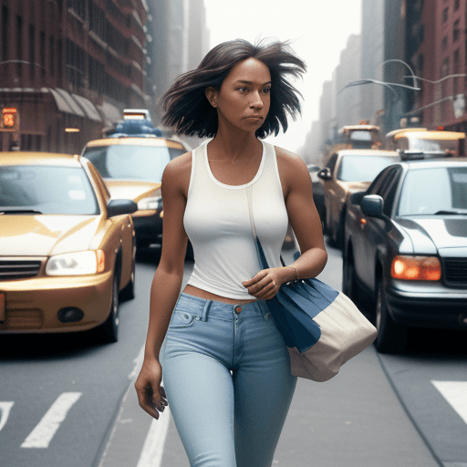 AI generated: 12K, HRD, film grain, 100 ASA, The image shows a woman walking down a street in New York City, weari...