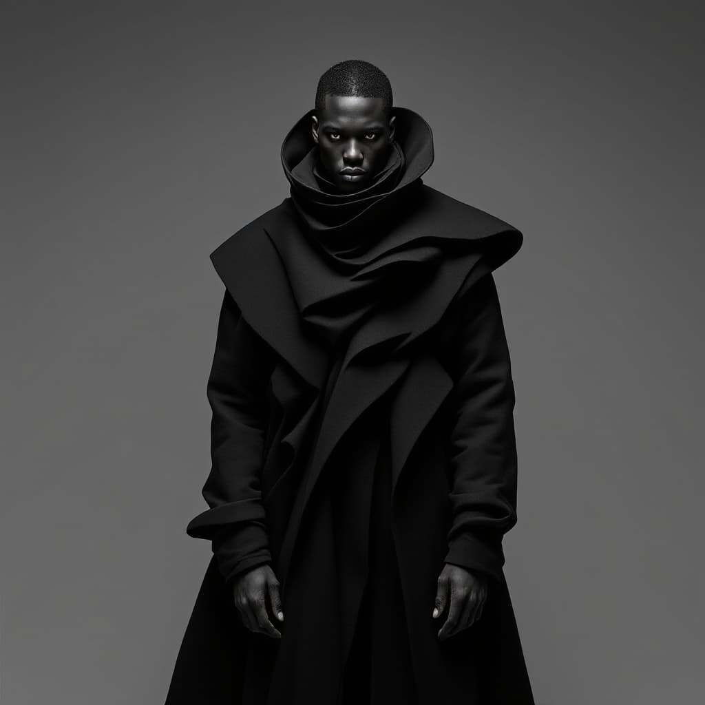 AI generated: editorial fashion portrait, full body, front view, black man wearing a futuristic, monochrome black ...