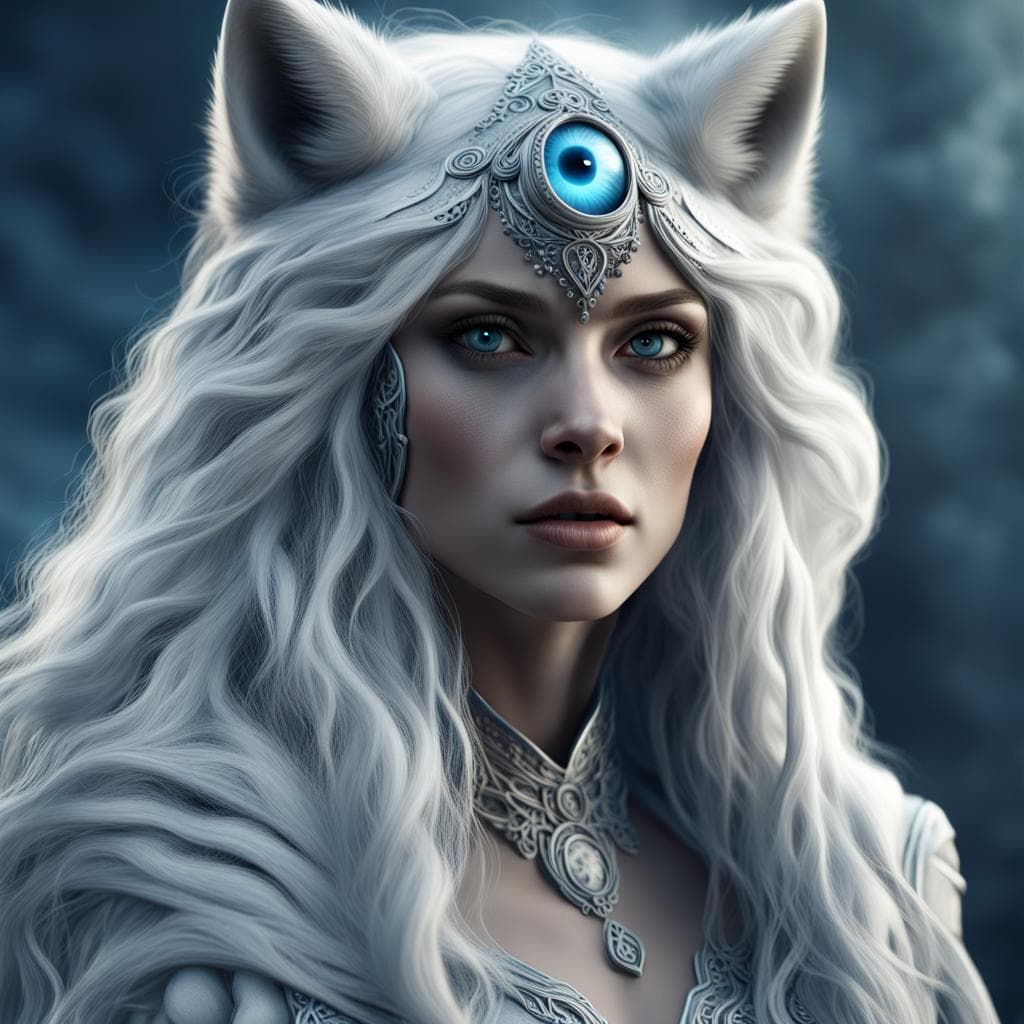 AI generated: female wolf character portrait with long hair and a large eye, in the style of sculptural costumes, ...