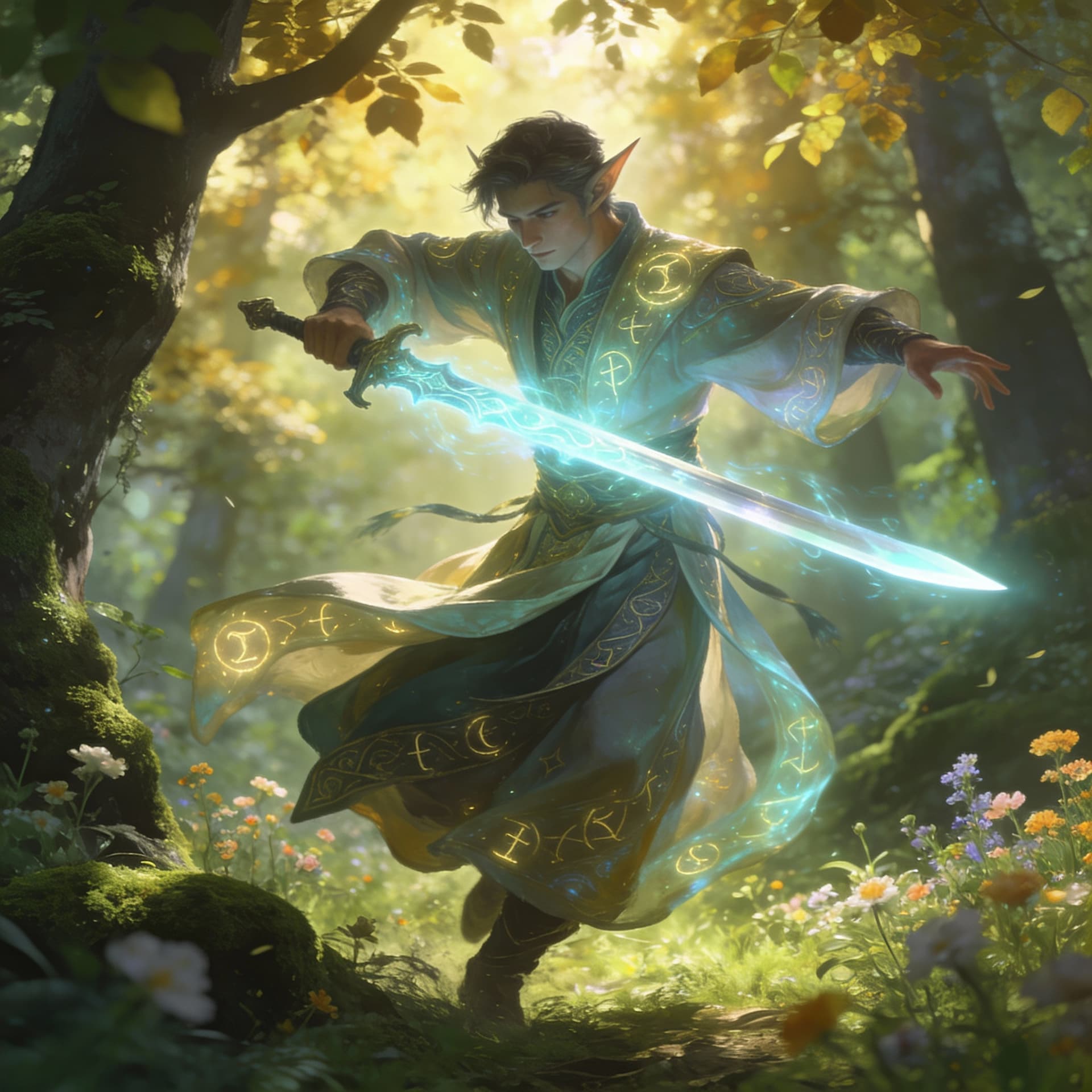 AI generated: a male elf wearing magical robes and wielding a magical sword, dancing in the forest