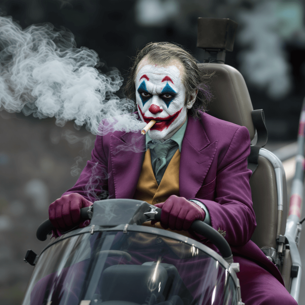 AI generated: joker smoking riding on a helicopter
