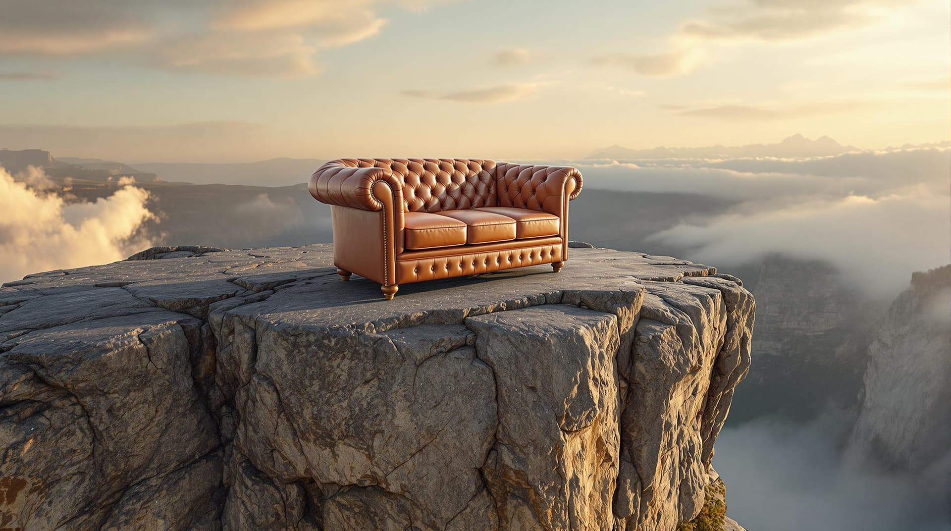 AI generated: Ultra-realistic, photo-quality image capturing a warm, inviting Chesterfield sofa dramatically poise...