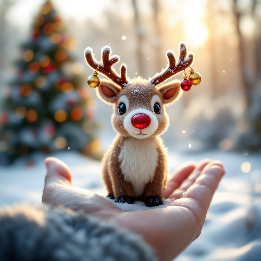 AI generated: A small reindeer with a shiny red nose stands, barely visible in the palm of your hand, with tiny ba...